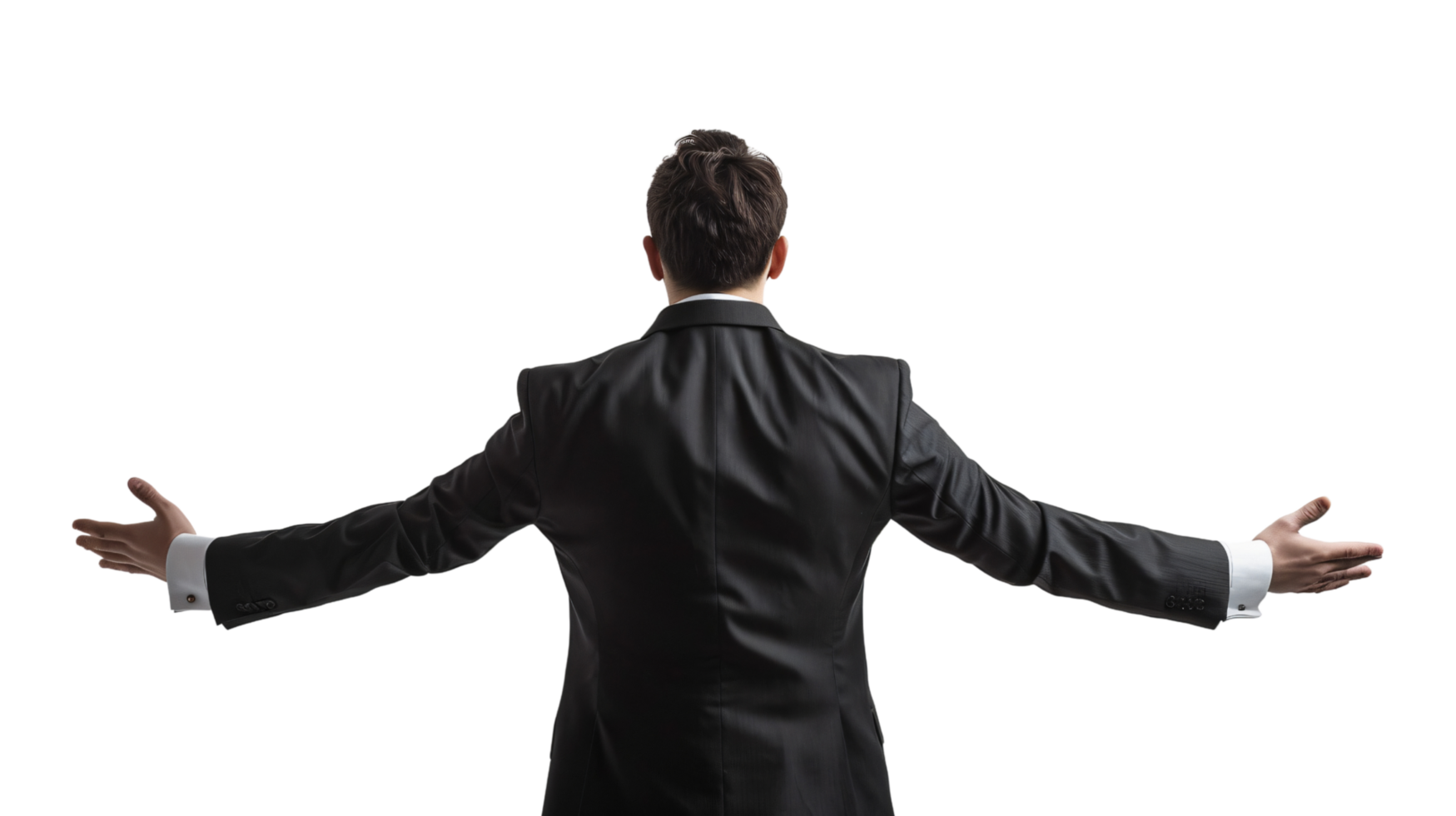 Behind shot happy back businessman standing and spreading arms open facing ahead isolated on transparent background png