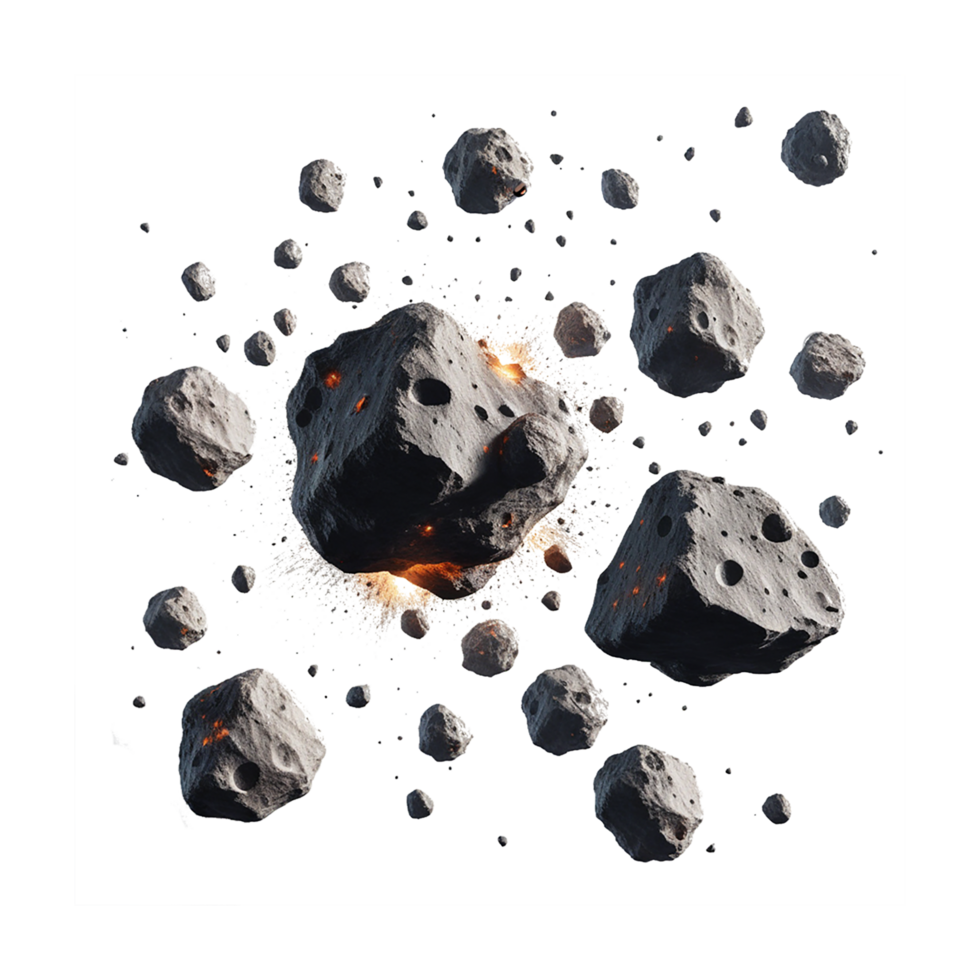 Flying asteroids dust on transparent background png