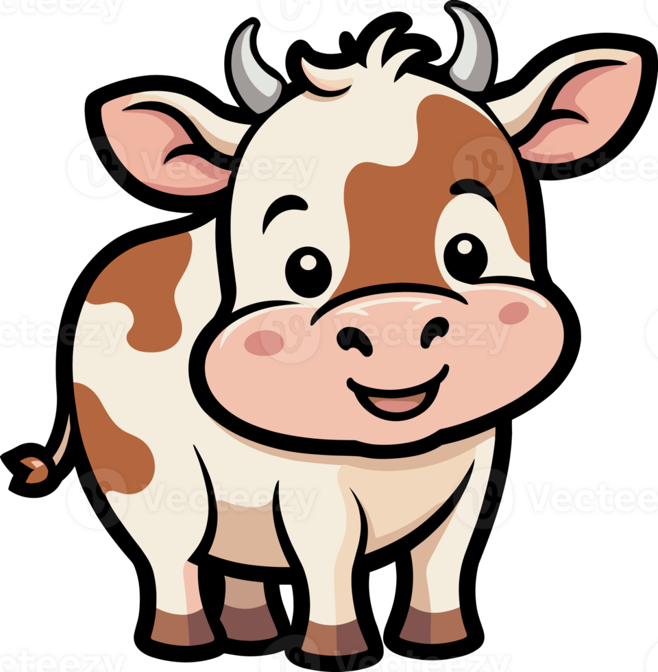 Friendly cow cartoon smiling illustration on transparent background for calf, animals, farming, children book, sticker, character, drawing, livestock, countryside, nursery, mascot, agriculture png