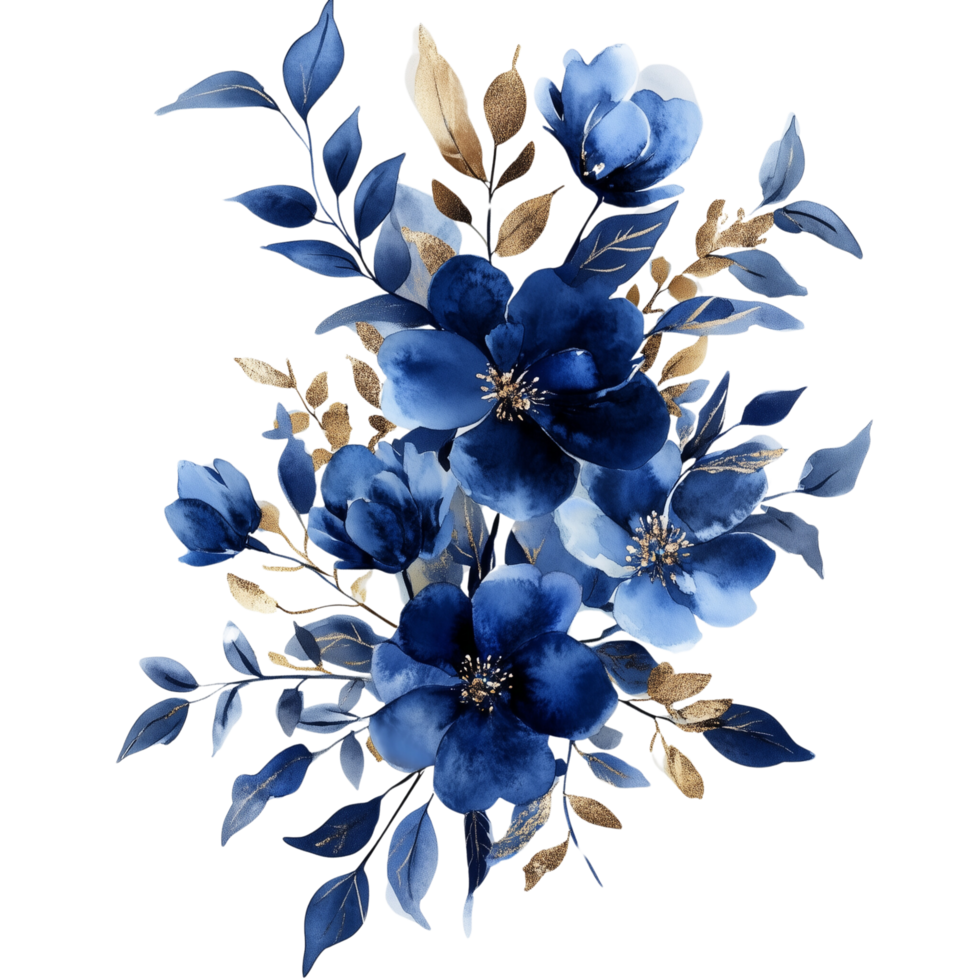 Luxurious watercolor floral bouquet with deep blue leaves and gold highlights, arranged dramatically against on a transparent background png