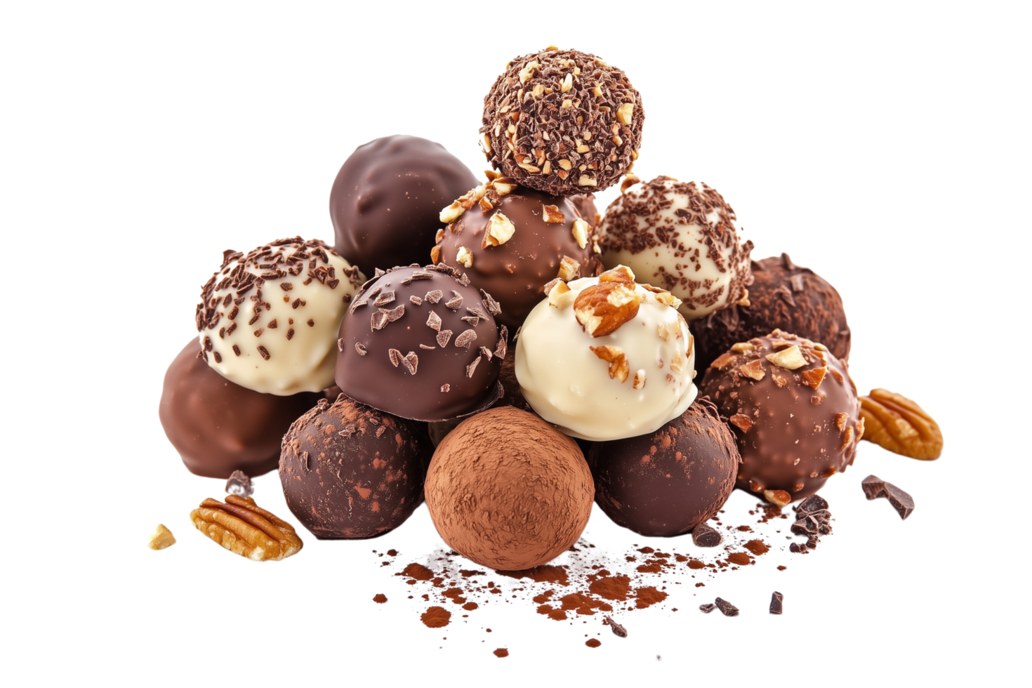 A stack of assorted gourmet chocolate truffles with various toppings like nuts, cocoa powder on a transparent background png