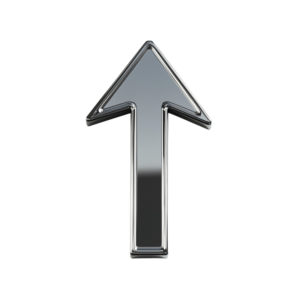 A 3D arrow symbol pointing upward with a metallic finish casting on a transparent background png
