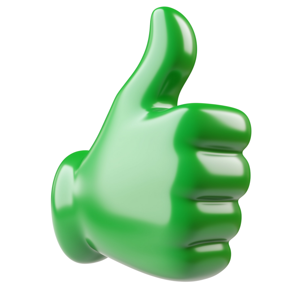 A 3D symbol of a green thumbs-up icon, rendered in a realistic style isolated on a transparent background png