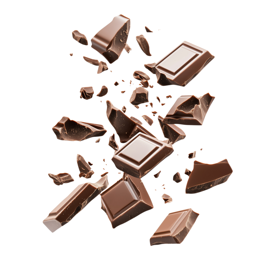 A chocolate bar breaking apart and falling isolated against a pure isolated on a transparent background png
