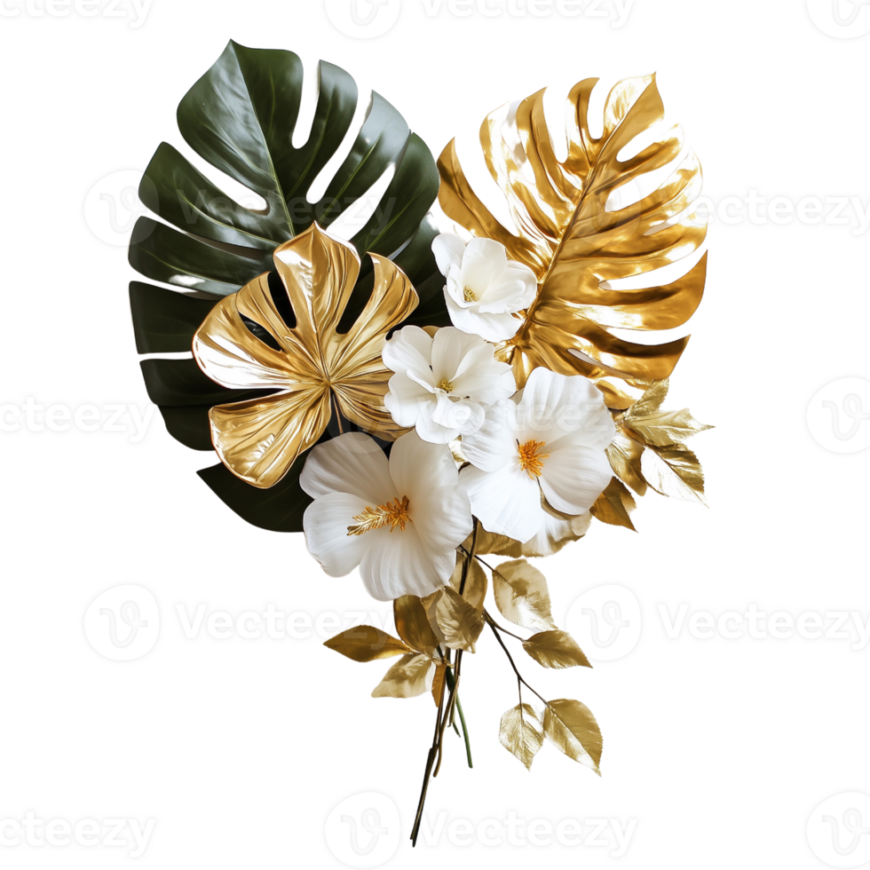 Bouquet natural flowers with gold shiny monstera leaf on a transparent background png