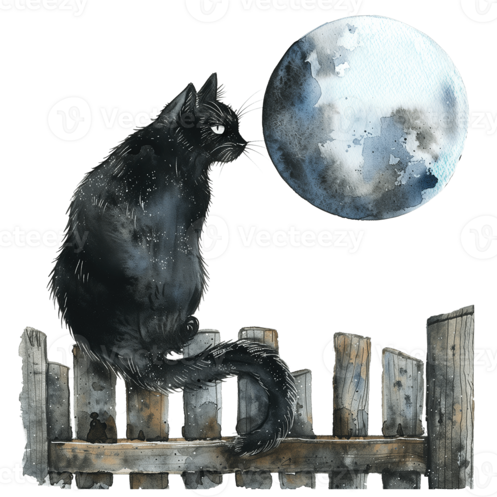 A whimsical black cat perched on a rustic wooden fence with a full moon in the background png