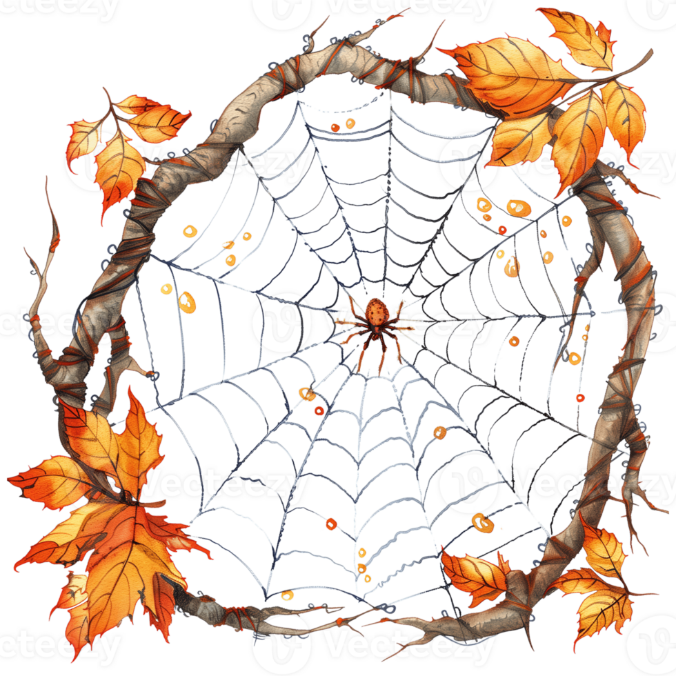 An intricate spider web between tree branches adorned with dewdrops and fall leaves png