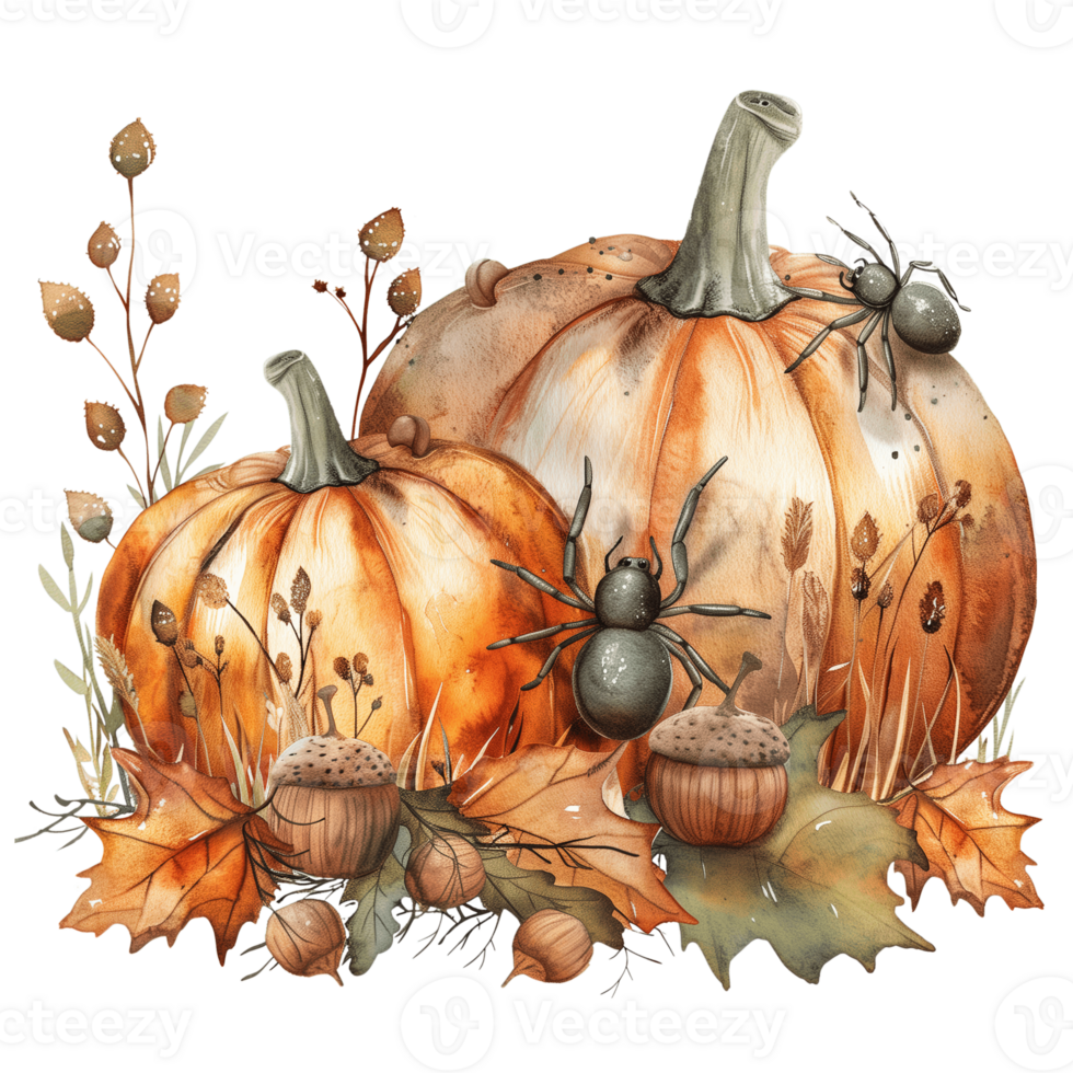 Cozy autumn scene with heirloom pumpkins and friendly spiders surrounded by fallen leaves and acorns png