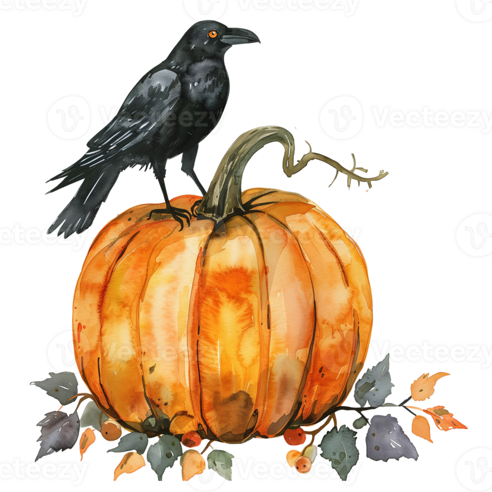 A pumpkin with a crow perched on top png