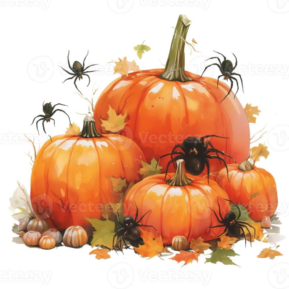 Cozy autumn scene with heirloom pumpkins and friendly spiders surrounded by fallen leaves and acorns png