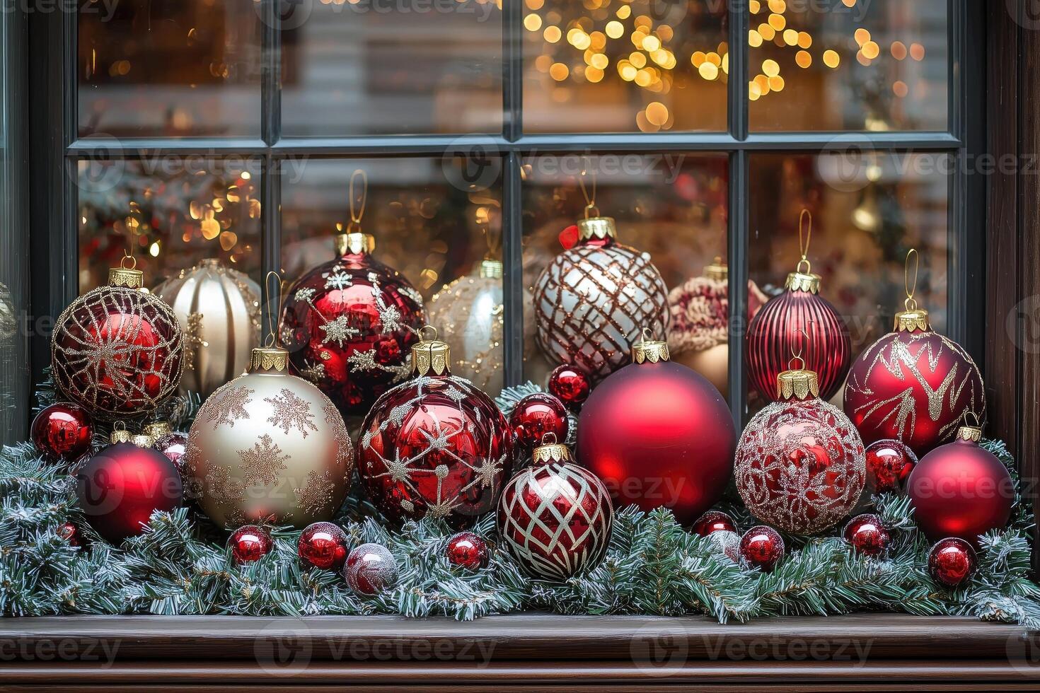 Festive Christmas Glass Windows Decorated with Red and Gold Ornaments for Holiday Celebrations. photo