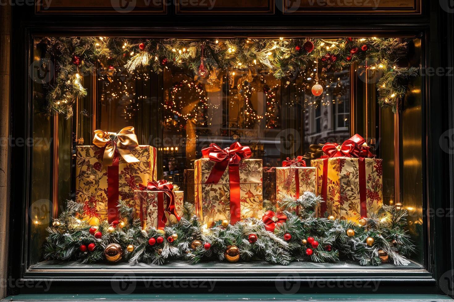 Christmas Decorated Storefront Window with Snowy Winter Landscape. photo