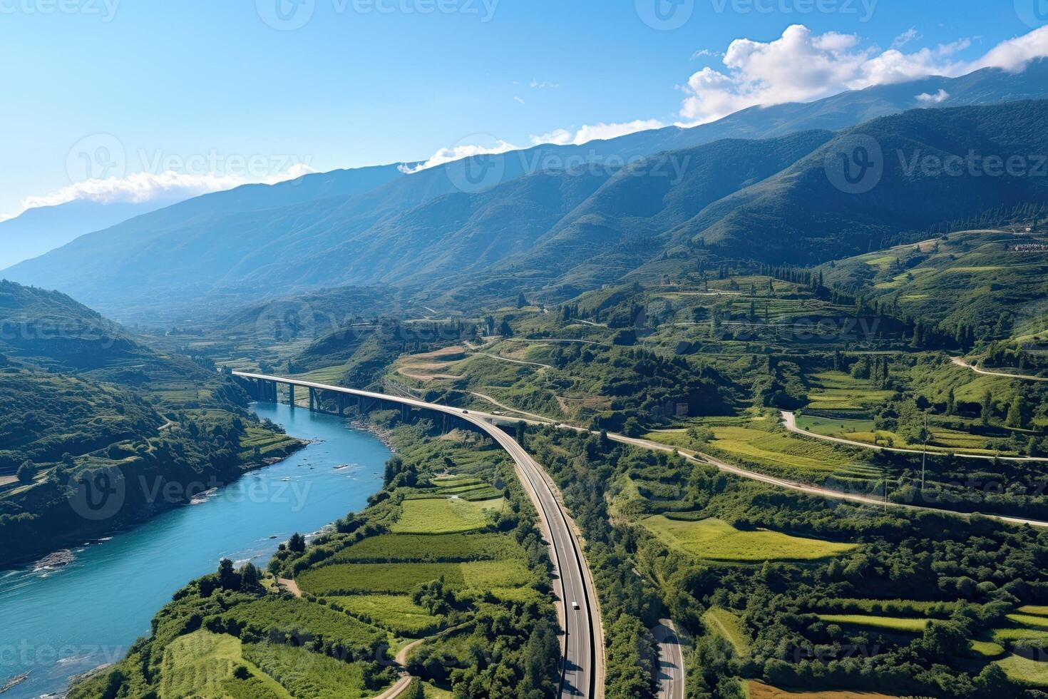 Nature of Lebanon. Road and river in the mountains. Beautiful view. photo