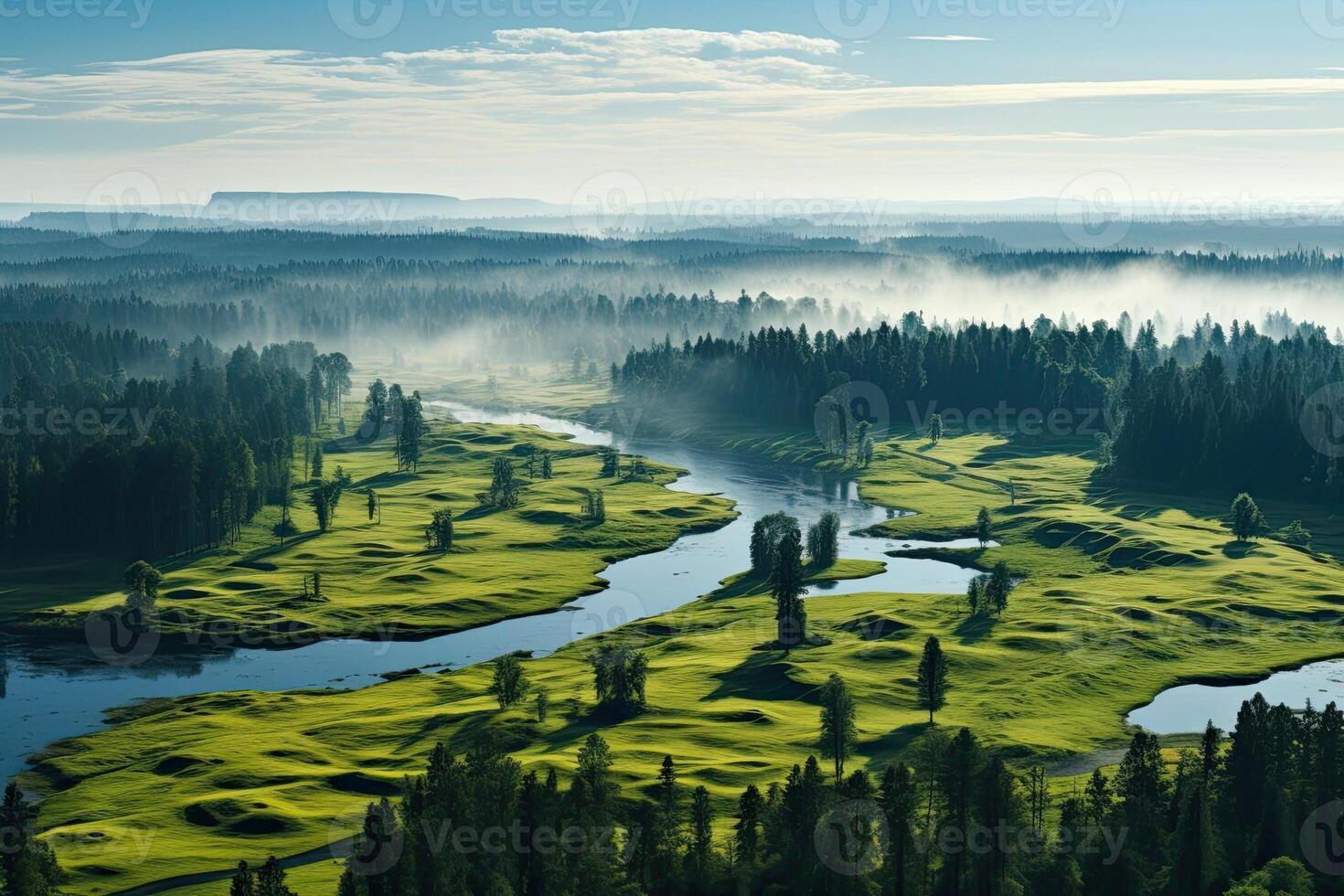 Nature of Latvia. Morning landscape with river and fog. Beautiful view. photo