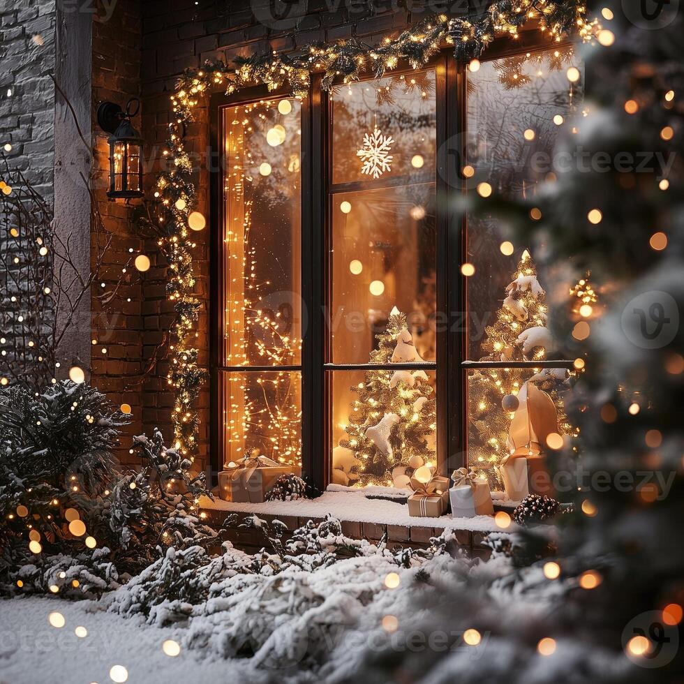 Christmas Decorated Storefront Window with Snowy Winter Landscape. photo