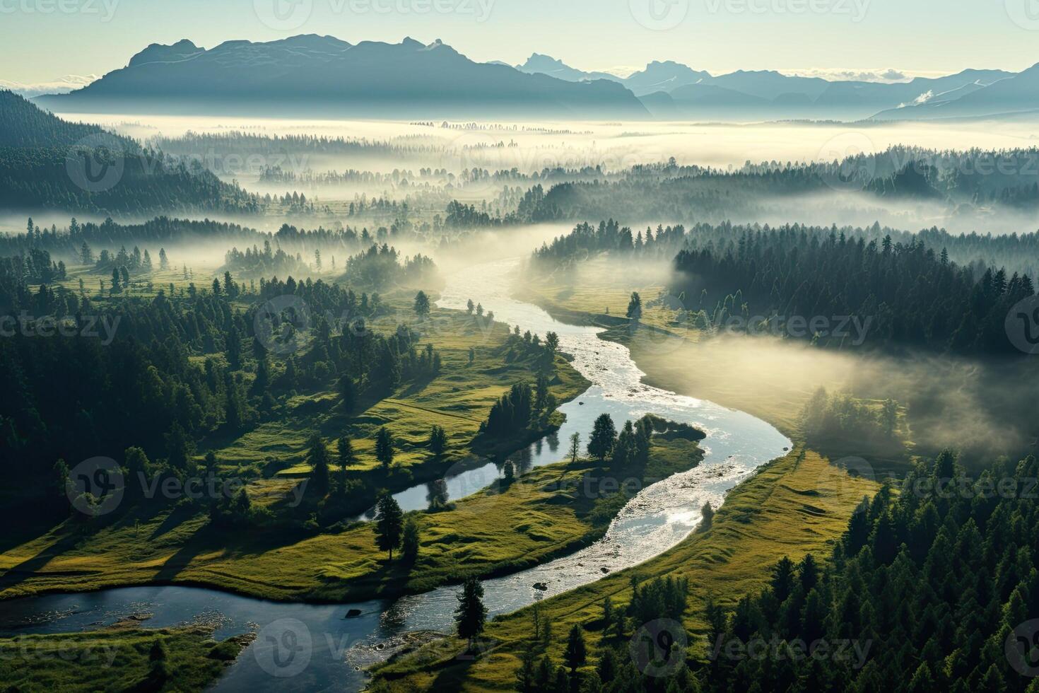 Nature of Latvia. Morning landscape with river and fog. Mountains in the background. Beautiful view. photo