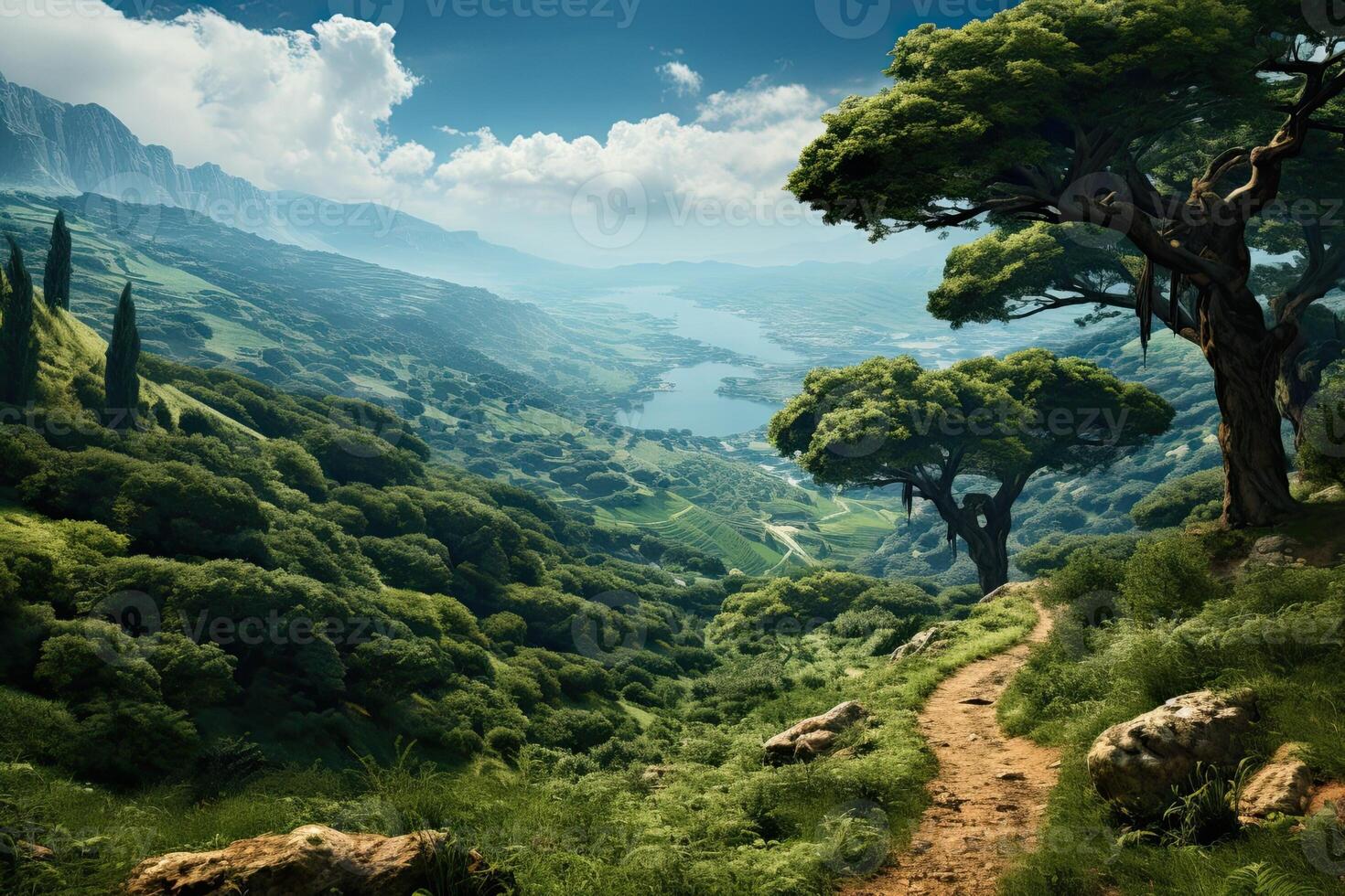 Nature of Lebanon. Beautiful big trees on the hill. View of the valley. Beautiful view. photo