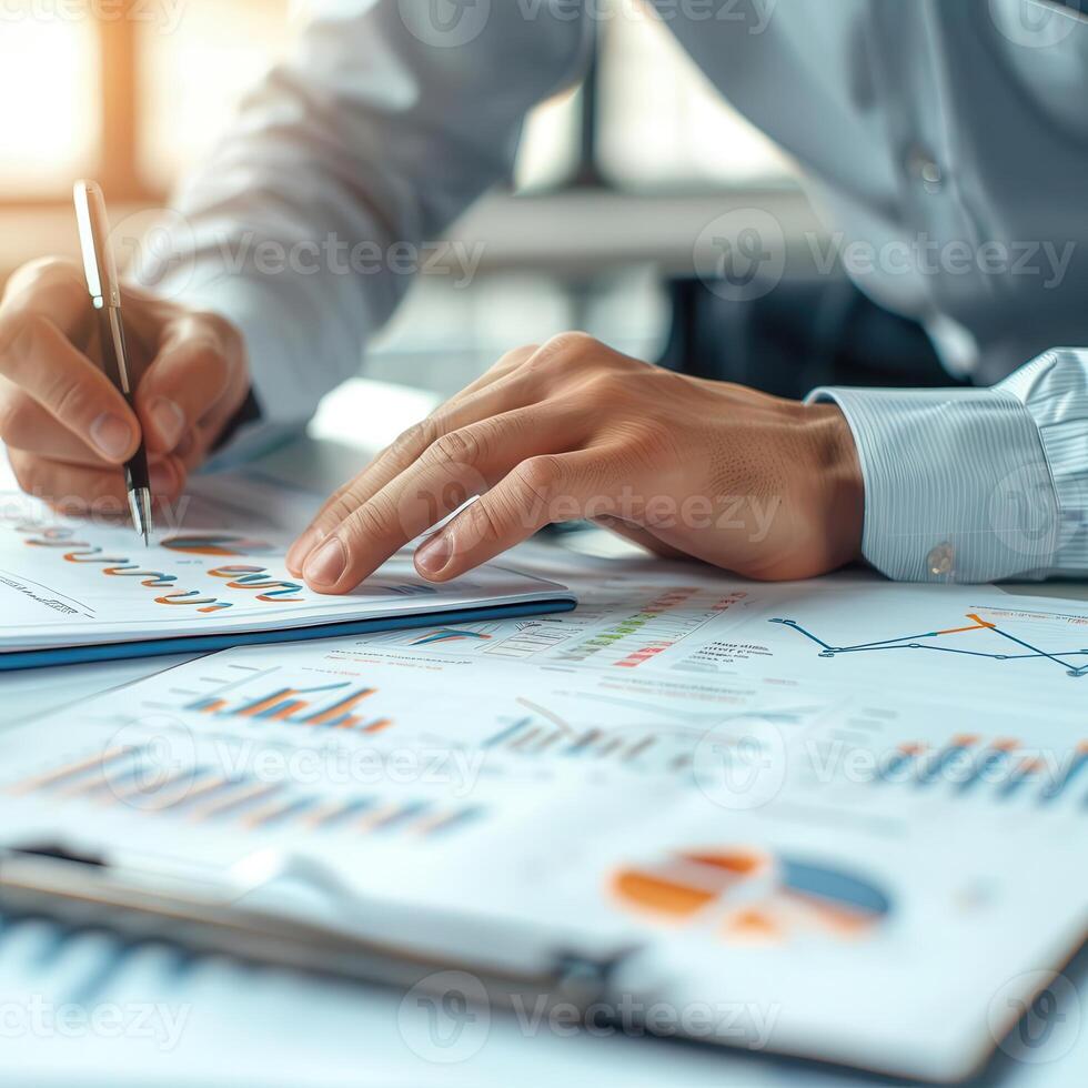 Business professional analyzing charts and graphs at a desk. Data analysis, financial review, and strategy planning concepts. photo