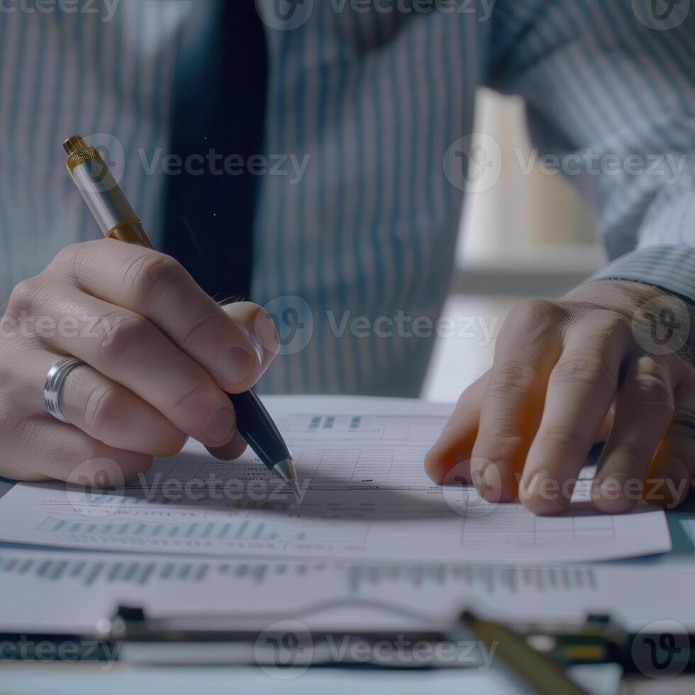 Close-up of a professional man writing on documents at an office desk, focusing on hands, pen, and paperwork. Business and office work concept. photo
