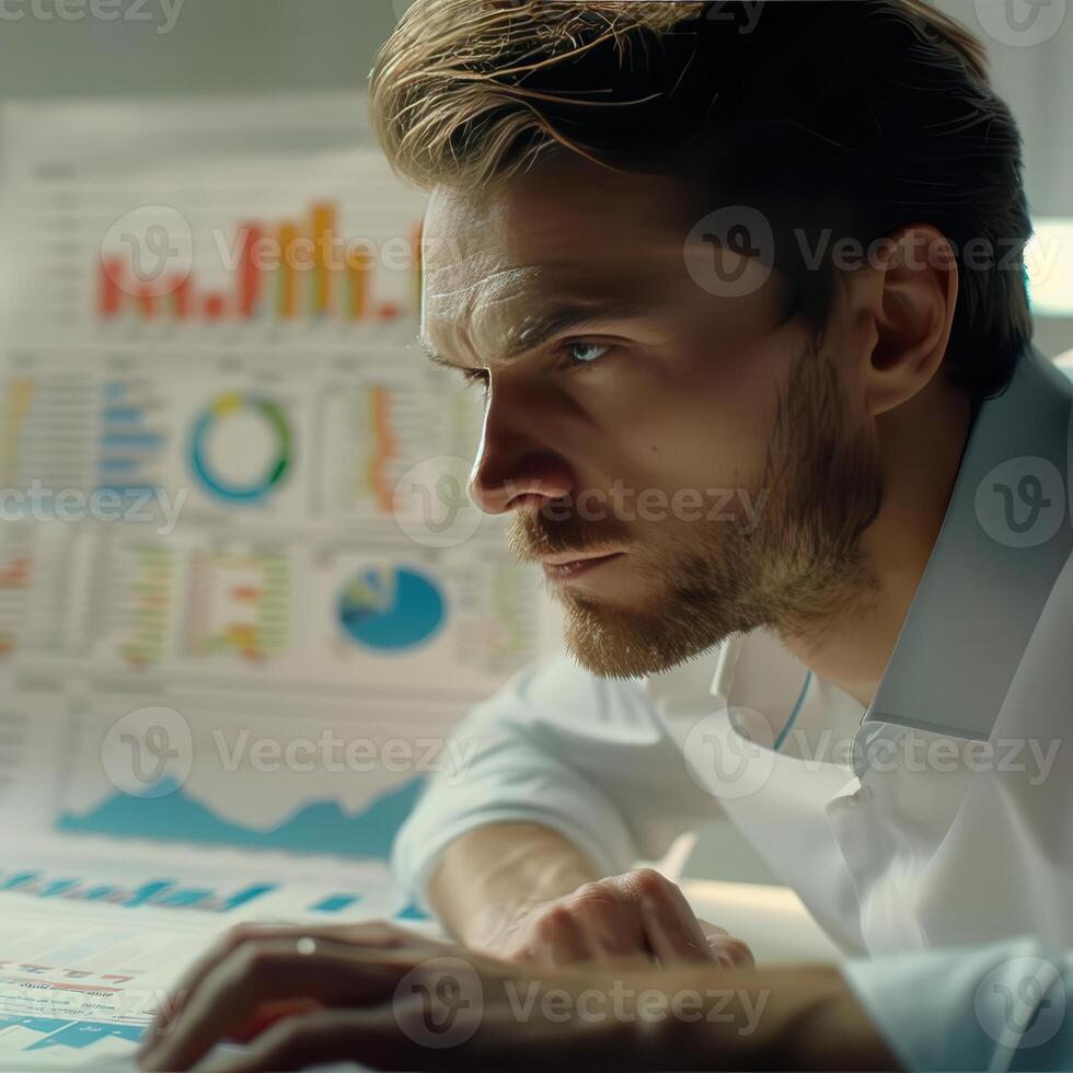 Focused professional analyzing data charts and graphs in a modern office setting, showcasing a detailed financial analysis process. photo