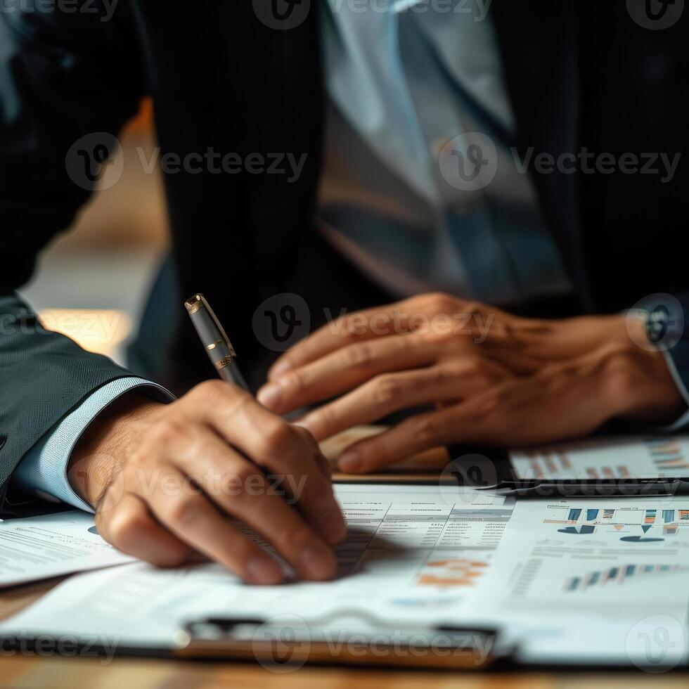 Businessperson analyzing financial documents in a meeting. Professional management and strategy planning with graphs and charts. photo