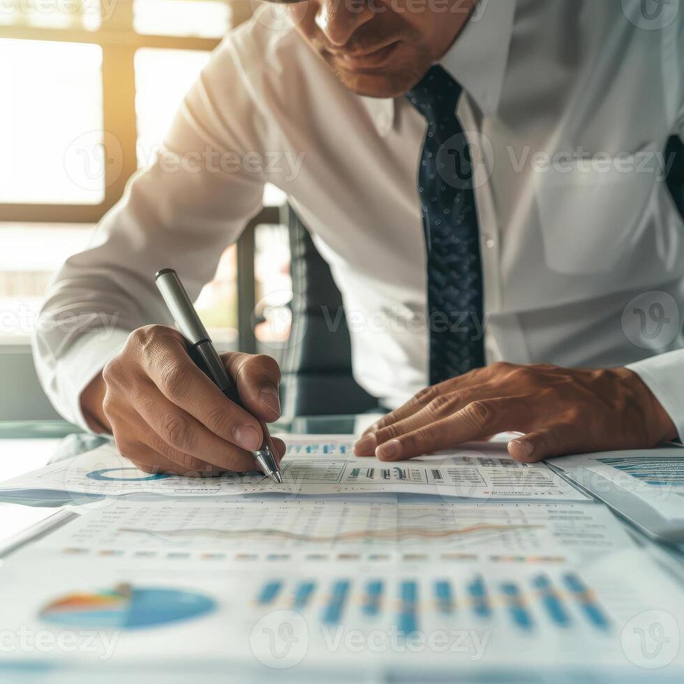 Businessman analyzing financial charts and graphs at office desk. Focus on management, finance, strategy, and growth. Professional environment. photo