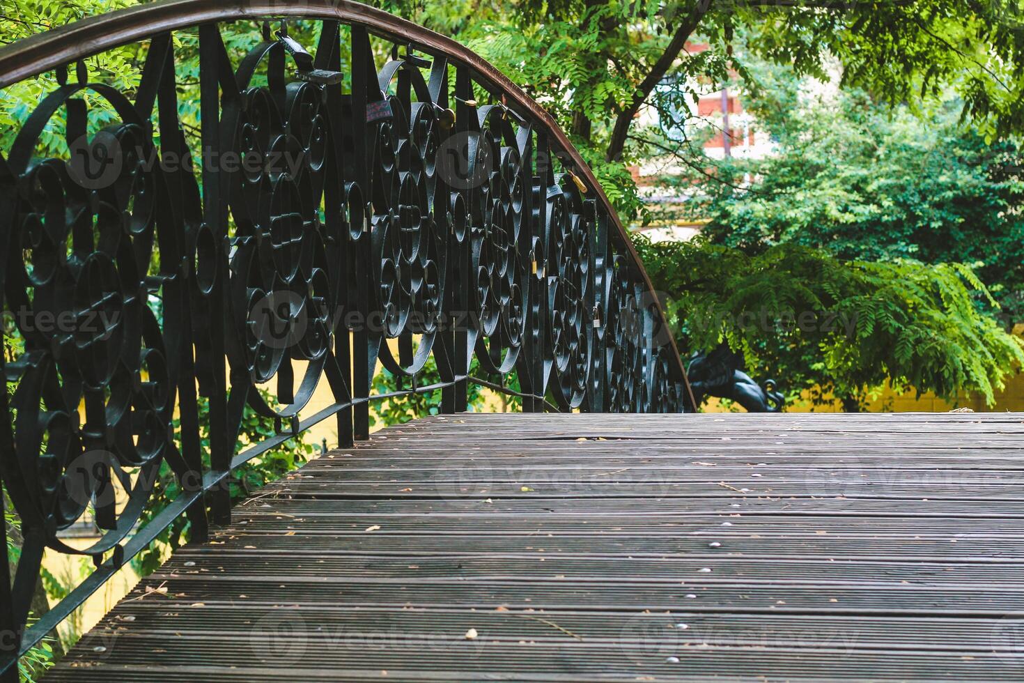 decorative bridge in the park with metal railing patterns photo