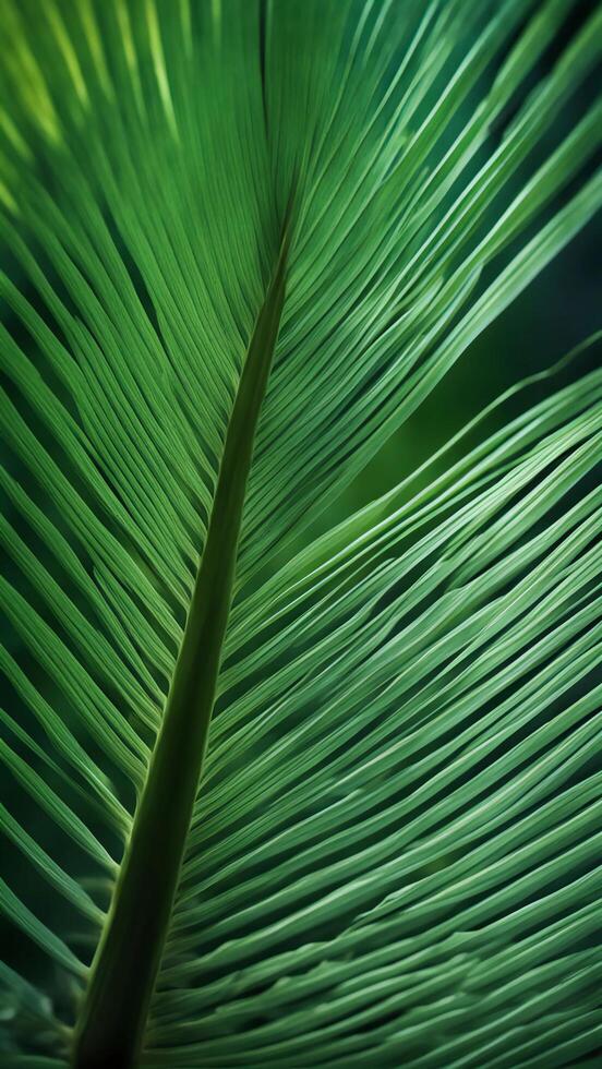 Lush Palm Leaf, close-up of a tropical palm leaf, long arching fronds, pattern of light and shadow photo