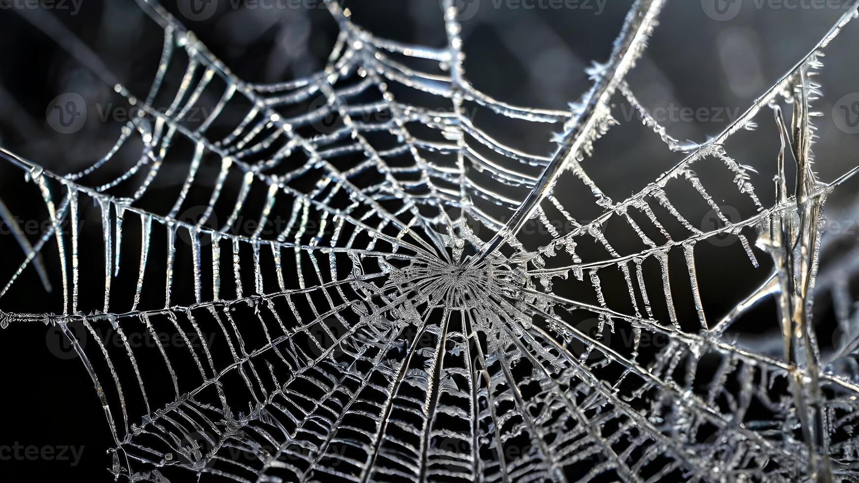Frozen Spider Web with Icy Threads Captured Against a Dark Background photo