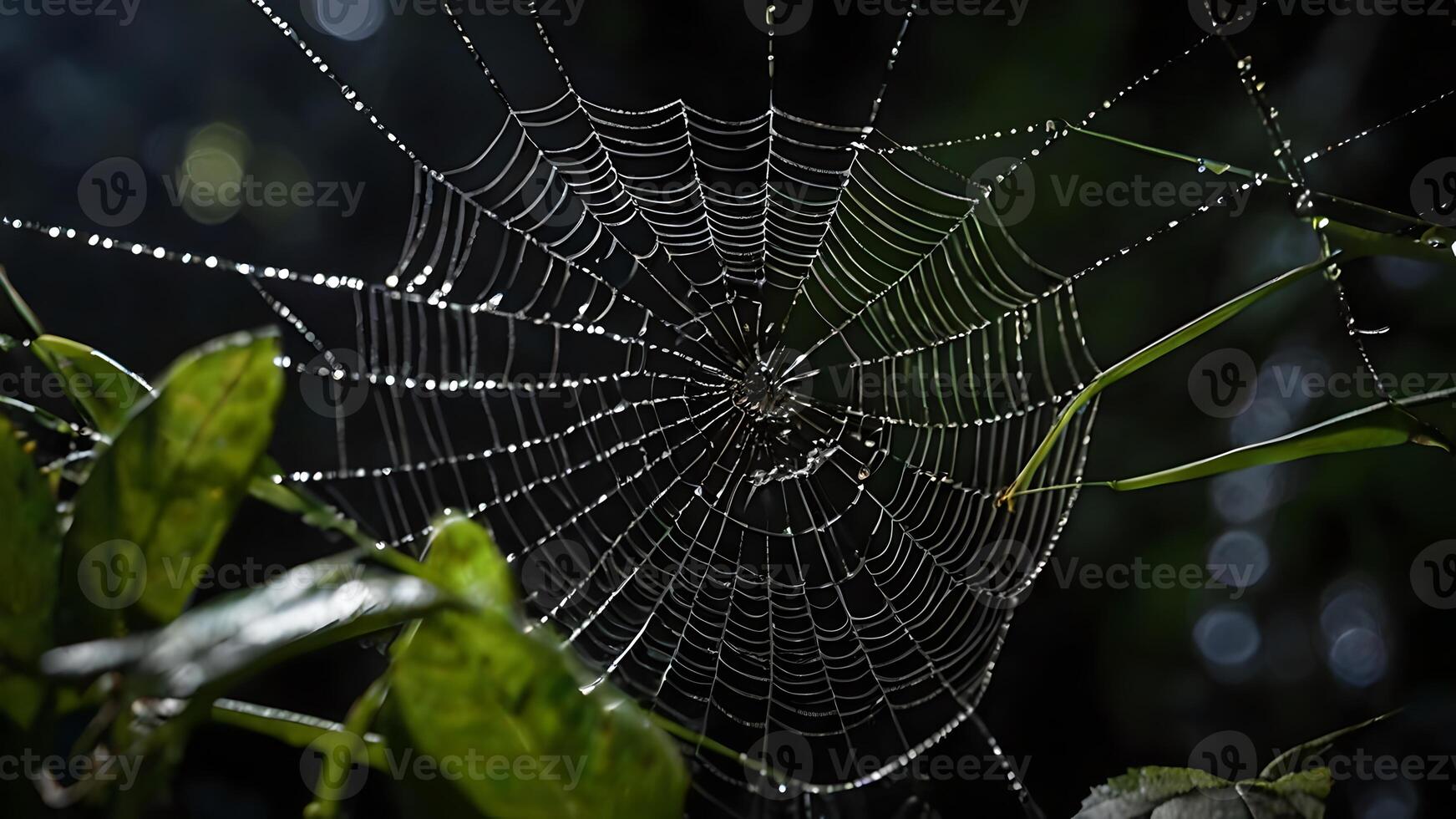 Dew Drops On Spiderweb In The Dark Forest photo