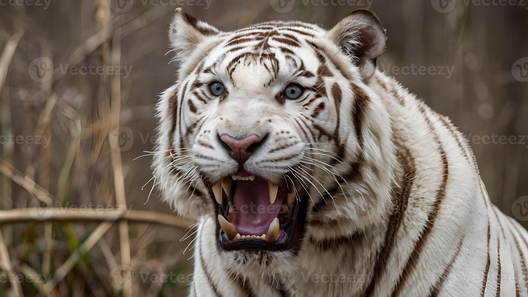 Close Up Of A Growling White Tiger In The Wild photo