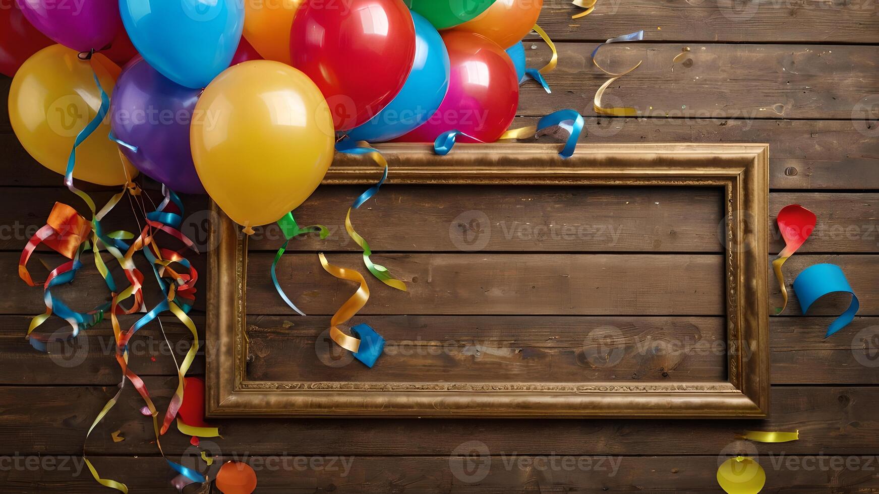 Festive Balloons and Streamers Surrounding a Golden Frame on Rustic Wood photo