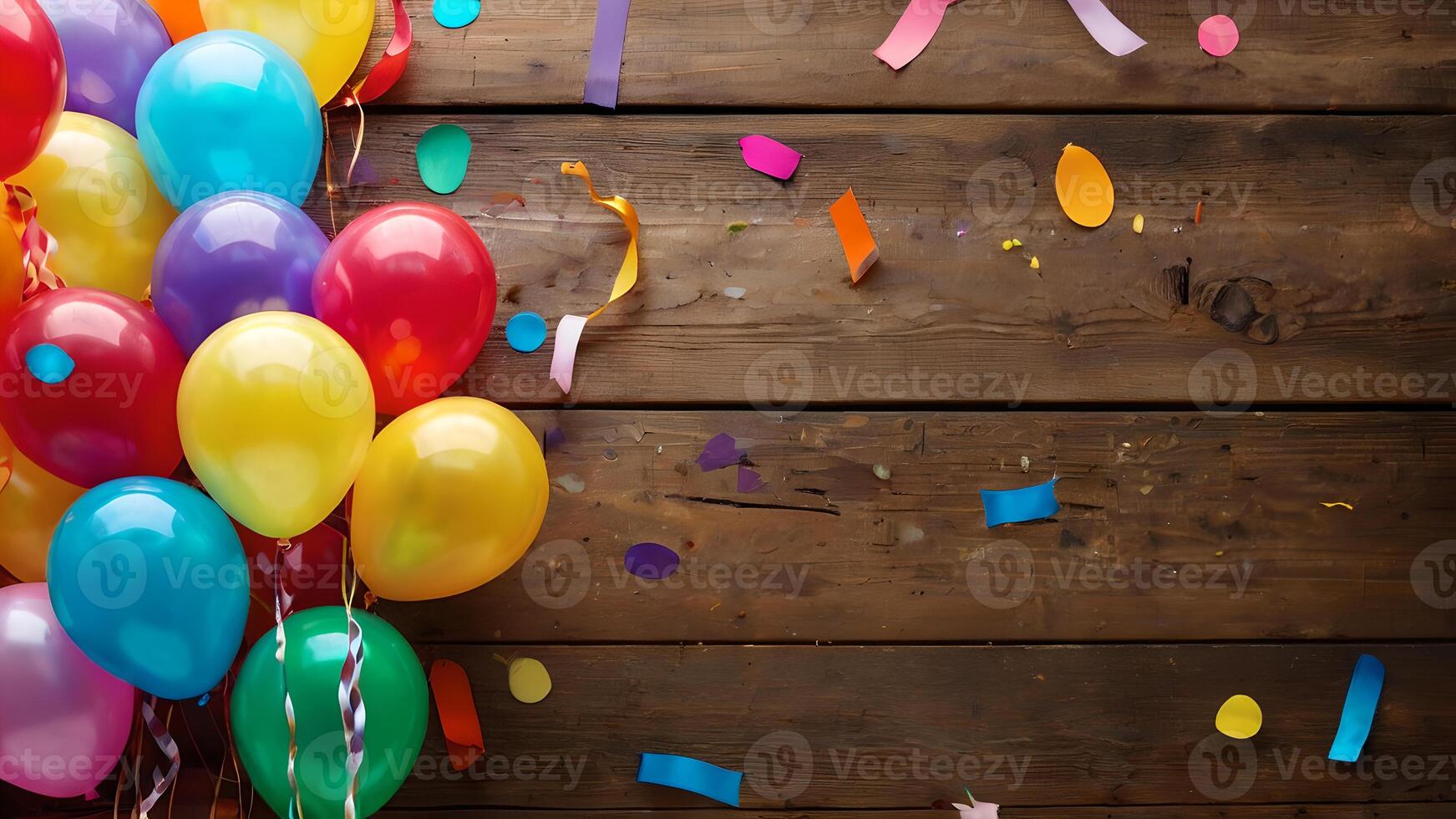 Colorful Balloons Streamers and Confetti on Rustic Wooden Background photo