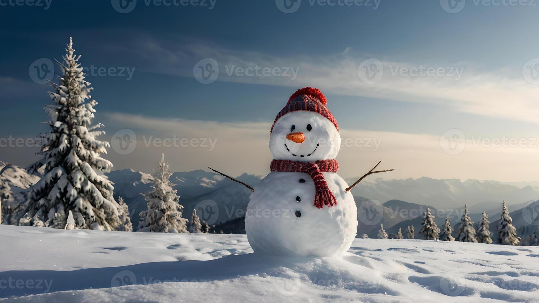 Happy Snowman In Winter Mountain Landscape With Copy Space photo