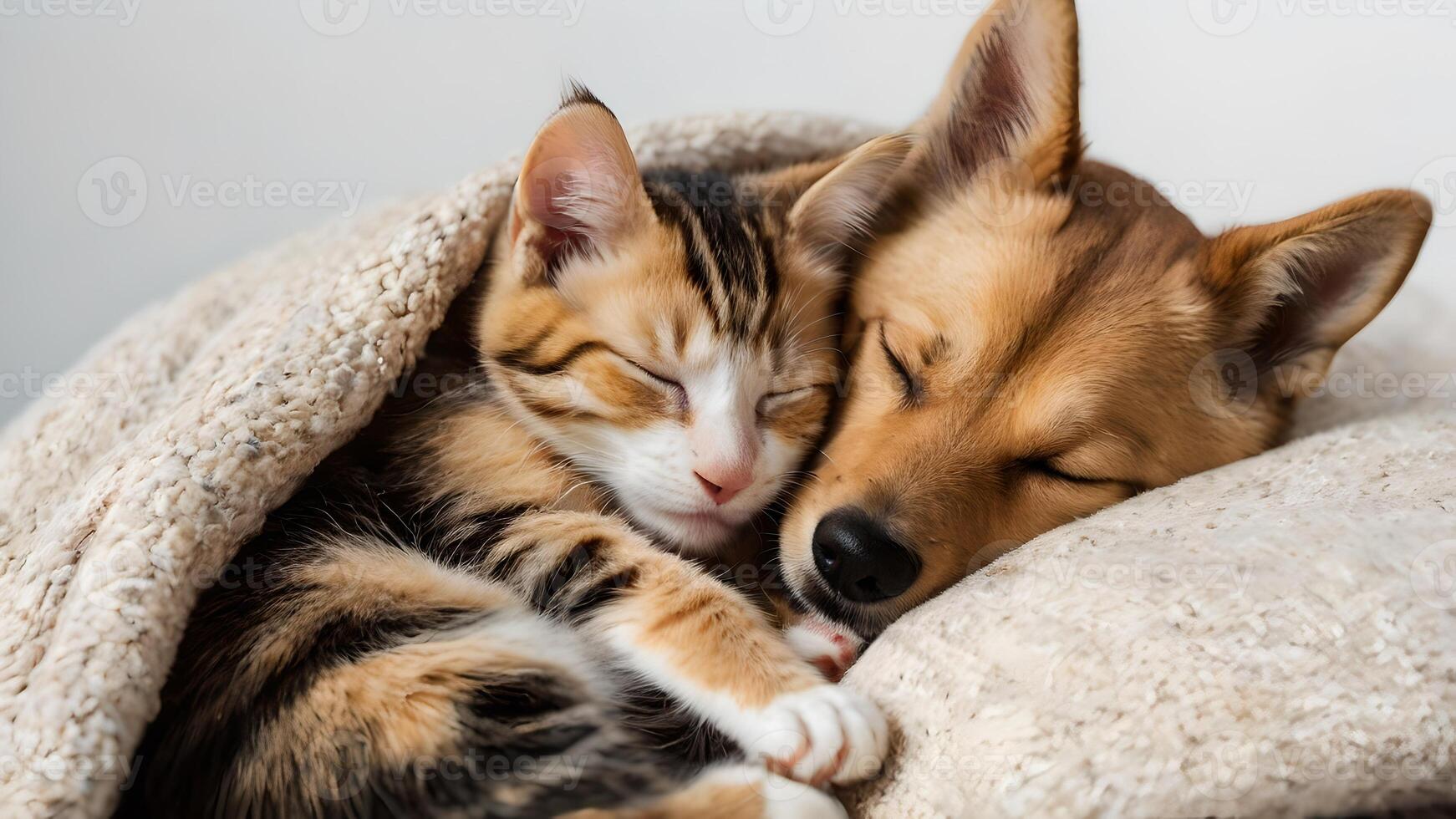Adorable Dog and Kitten Cuddle Up for a Peaceful Nap photo