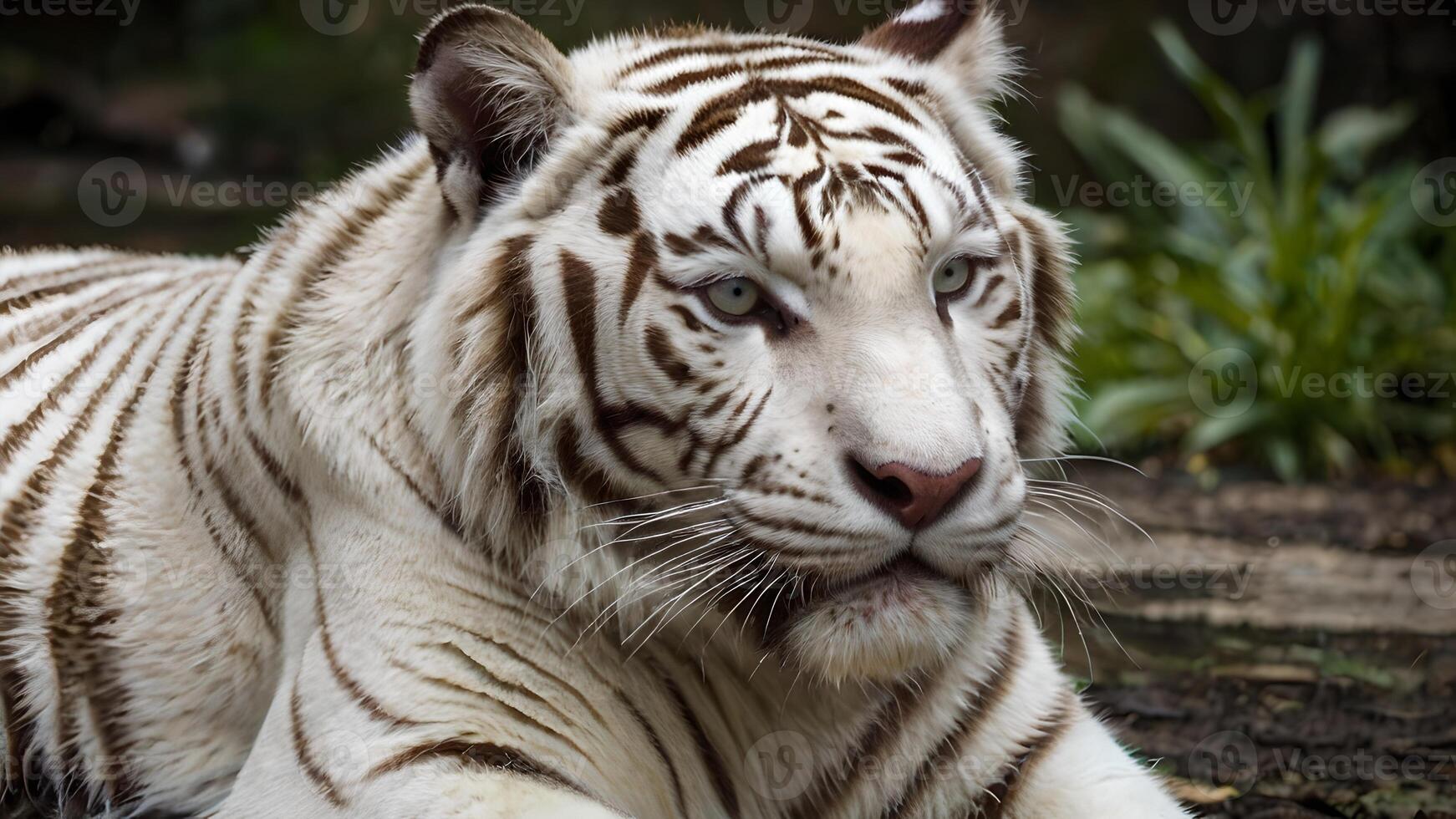 Close up of a Majestic White Tiger Resting in the Shade photo