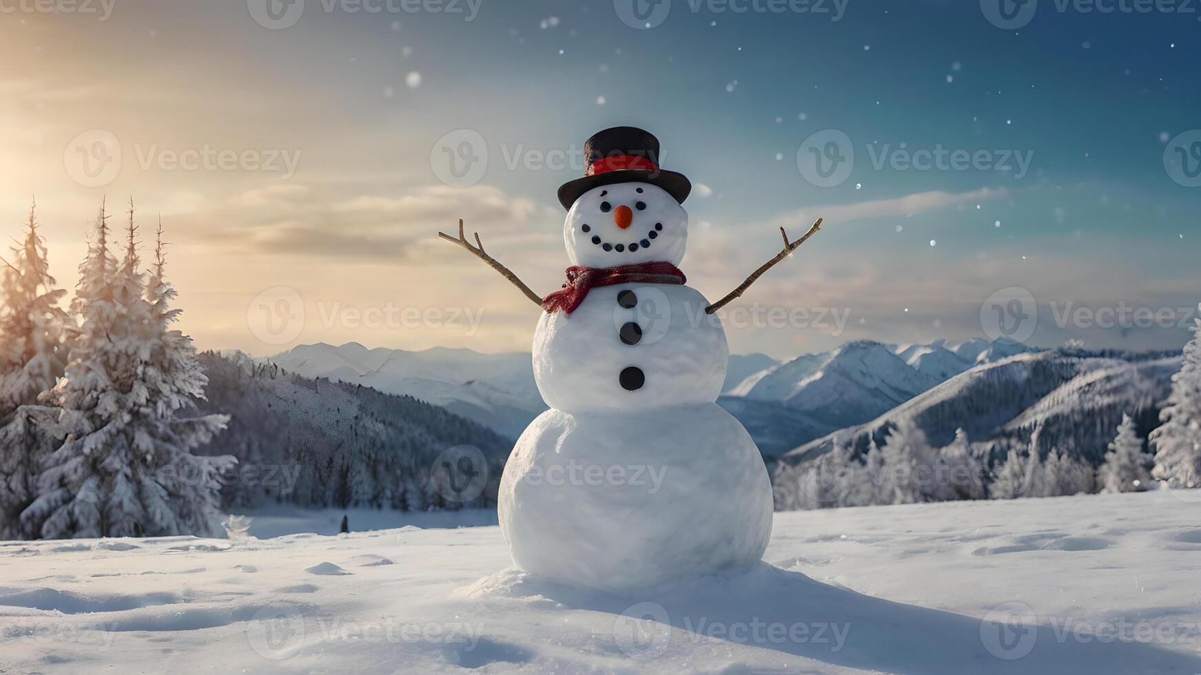 Happy Snowman In Winter Wonderland With Snow Covered Mountains And Copy Space photo