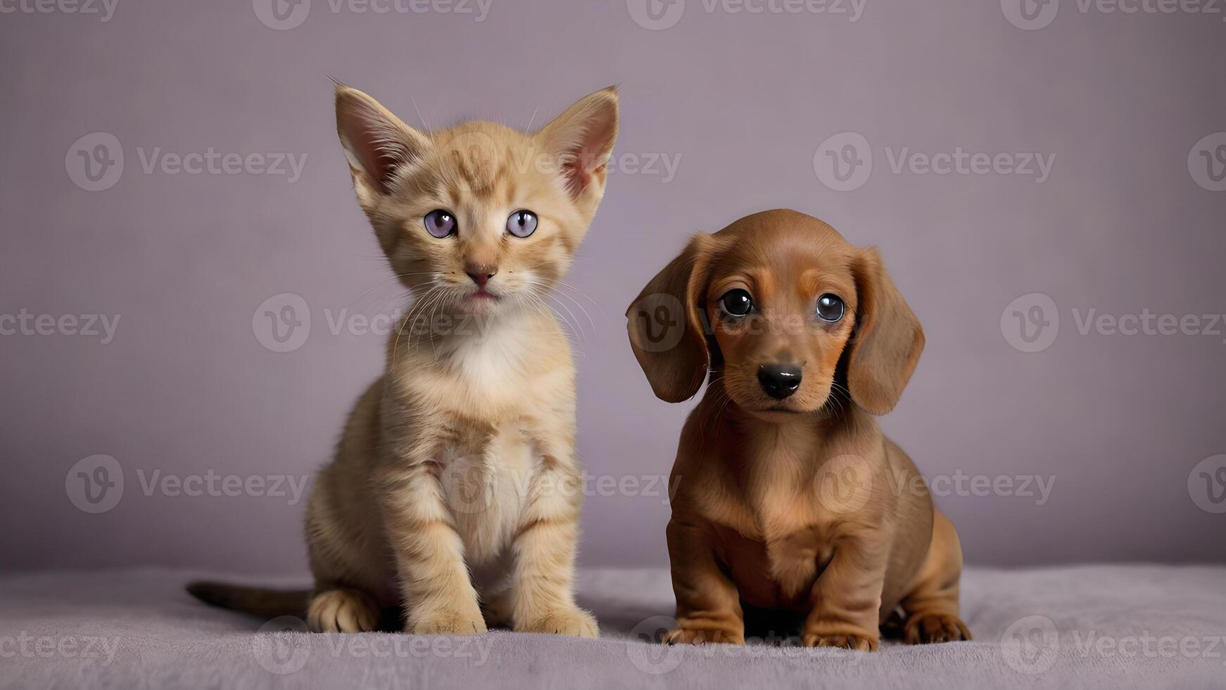 Adorable Lilac Kitten and Red Dachshund Puppy Pose Together photo