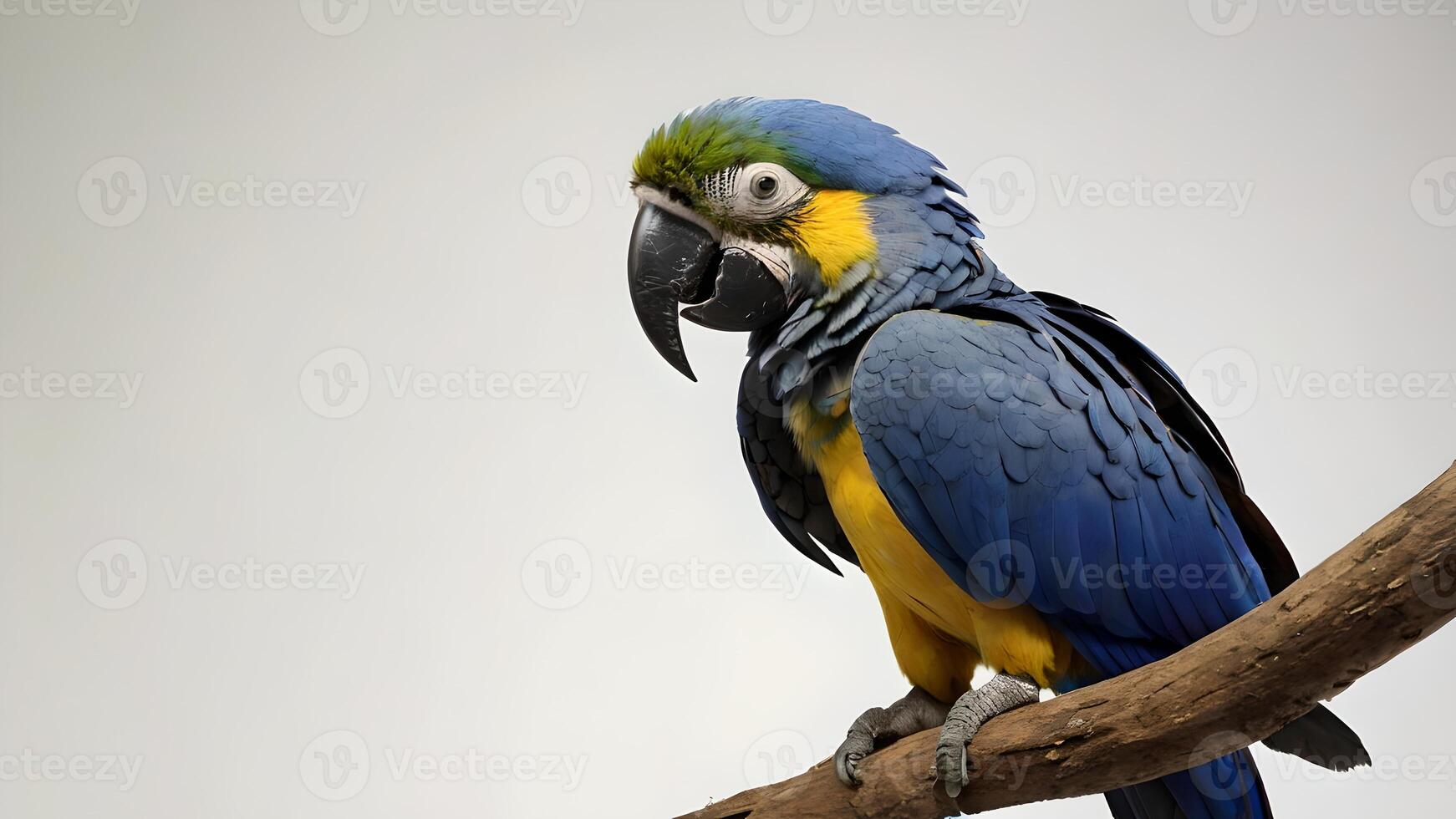 Endangered Hyacinth Macaw Perched on Branch with White Background photo