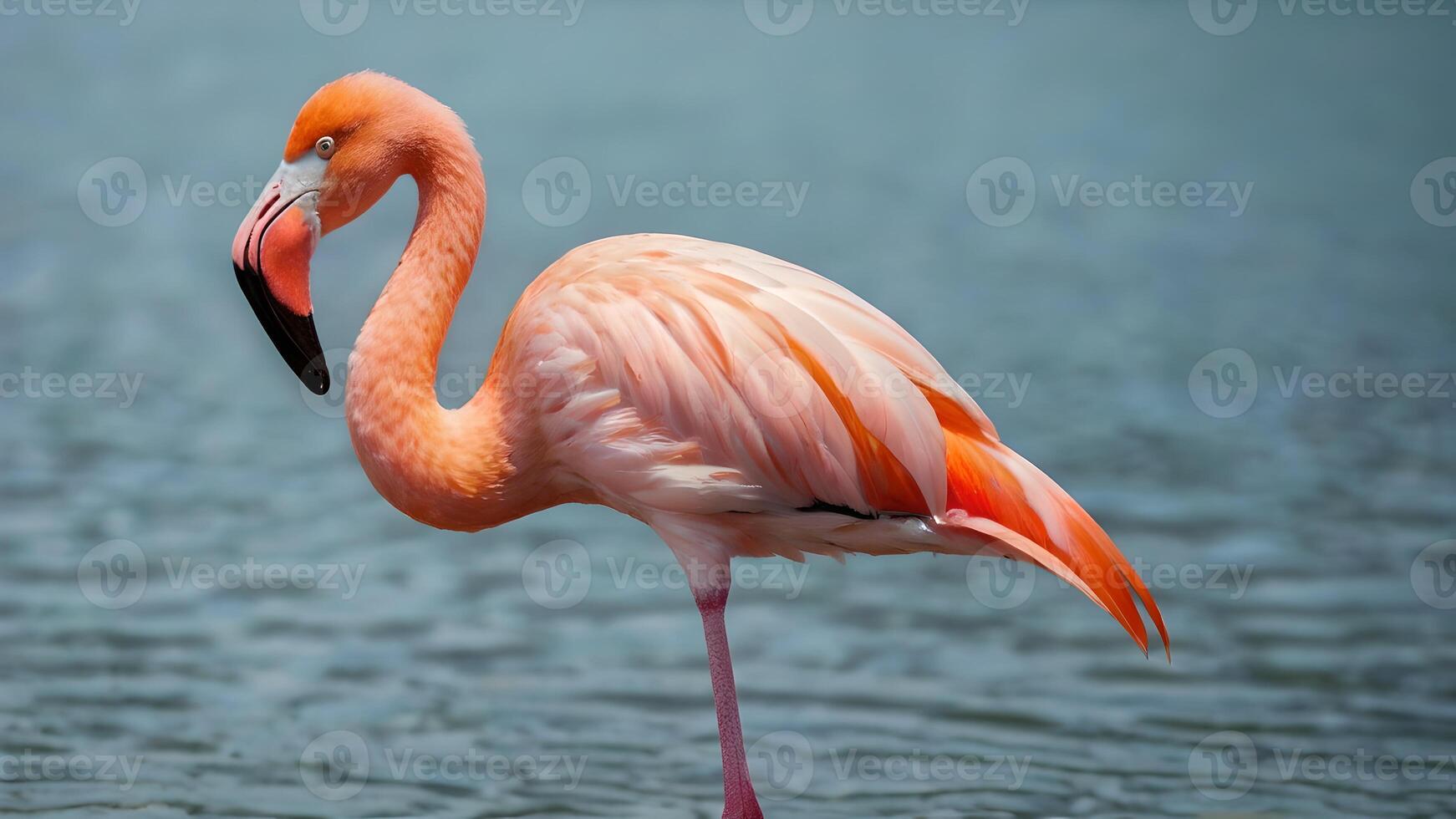 Graceful Pink Flamingo Standing in Shallow Water photo