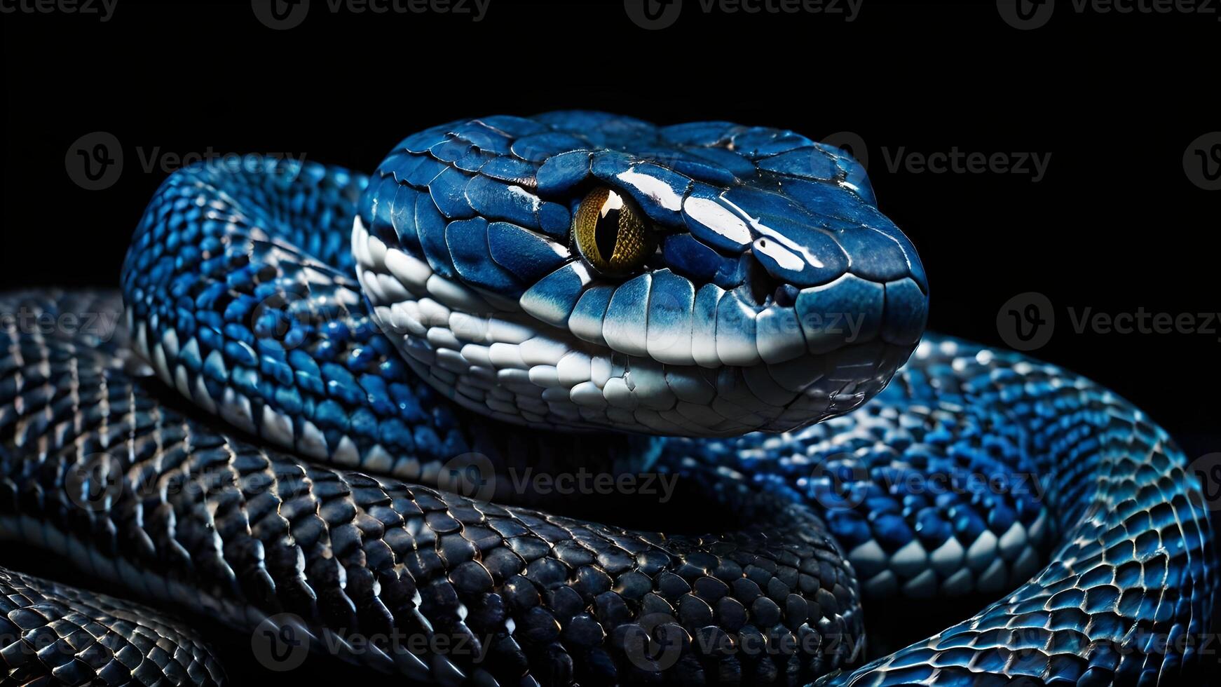Striking Blue Viper Snake with Yellow Eye on Black Background photo