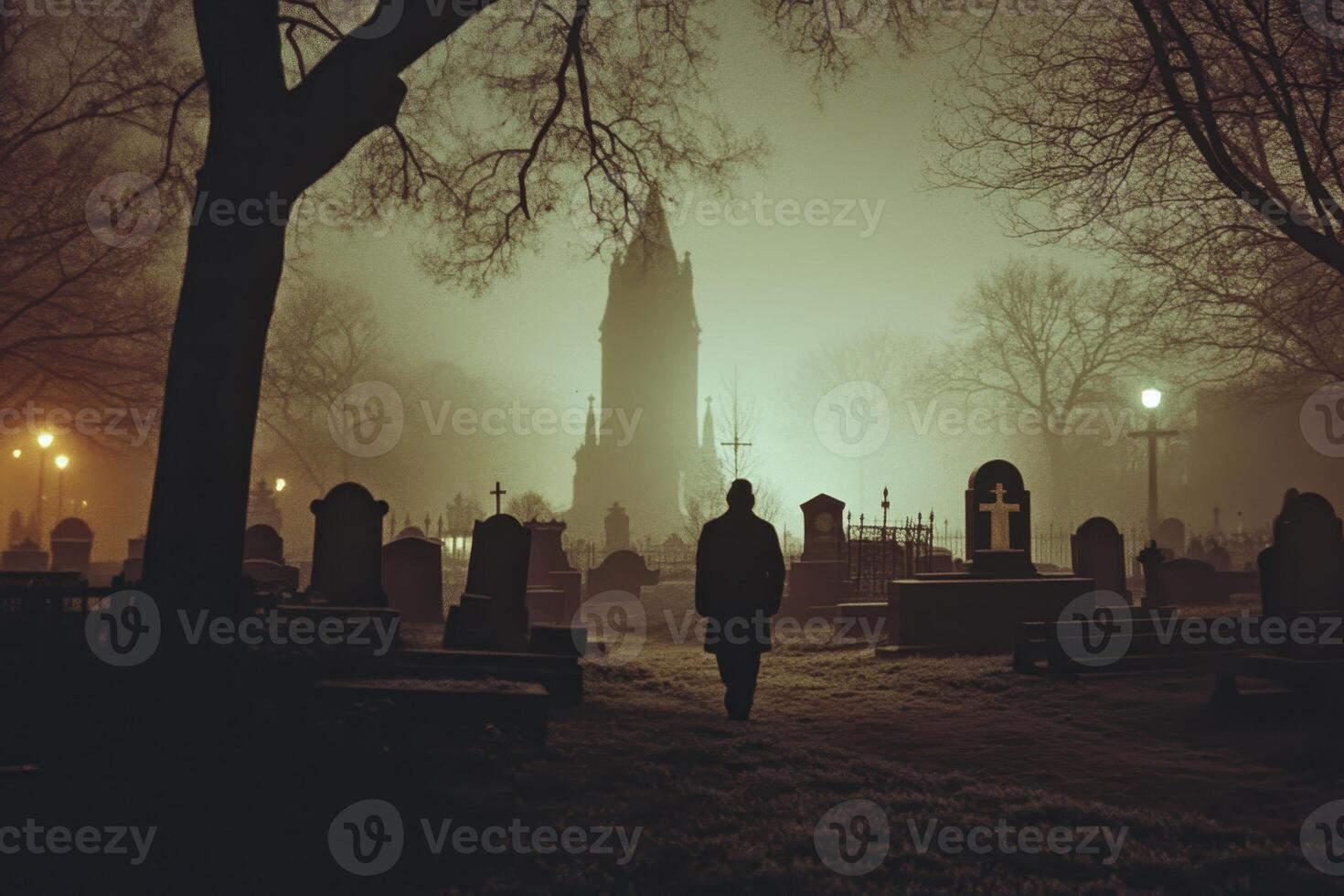A solitary figure walks through a foggy cemetery illuminated by eerie lights at night. photo