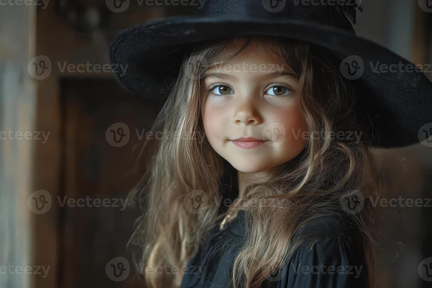 A young girl wearing a black witch's hat and dress poses charmingly with a gentle smile in a warm, softly lit room. photo