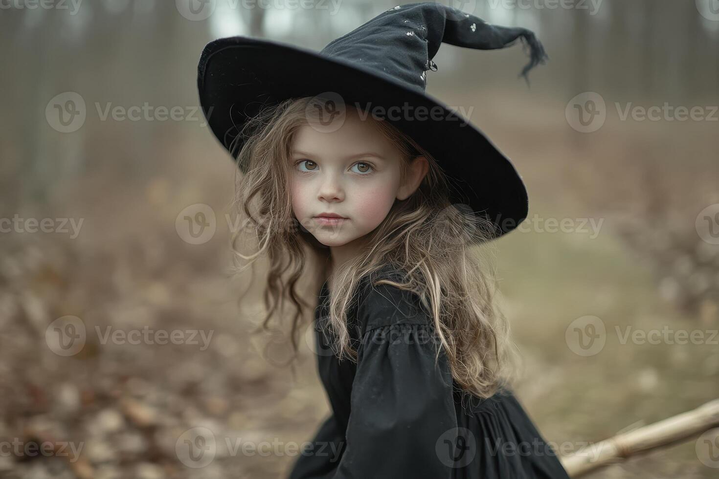 Young girl in a black witch costume wearing a pointed hat explores a forest during autumn in soft, natural lighting. photo