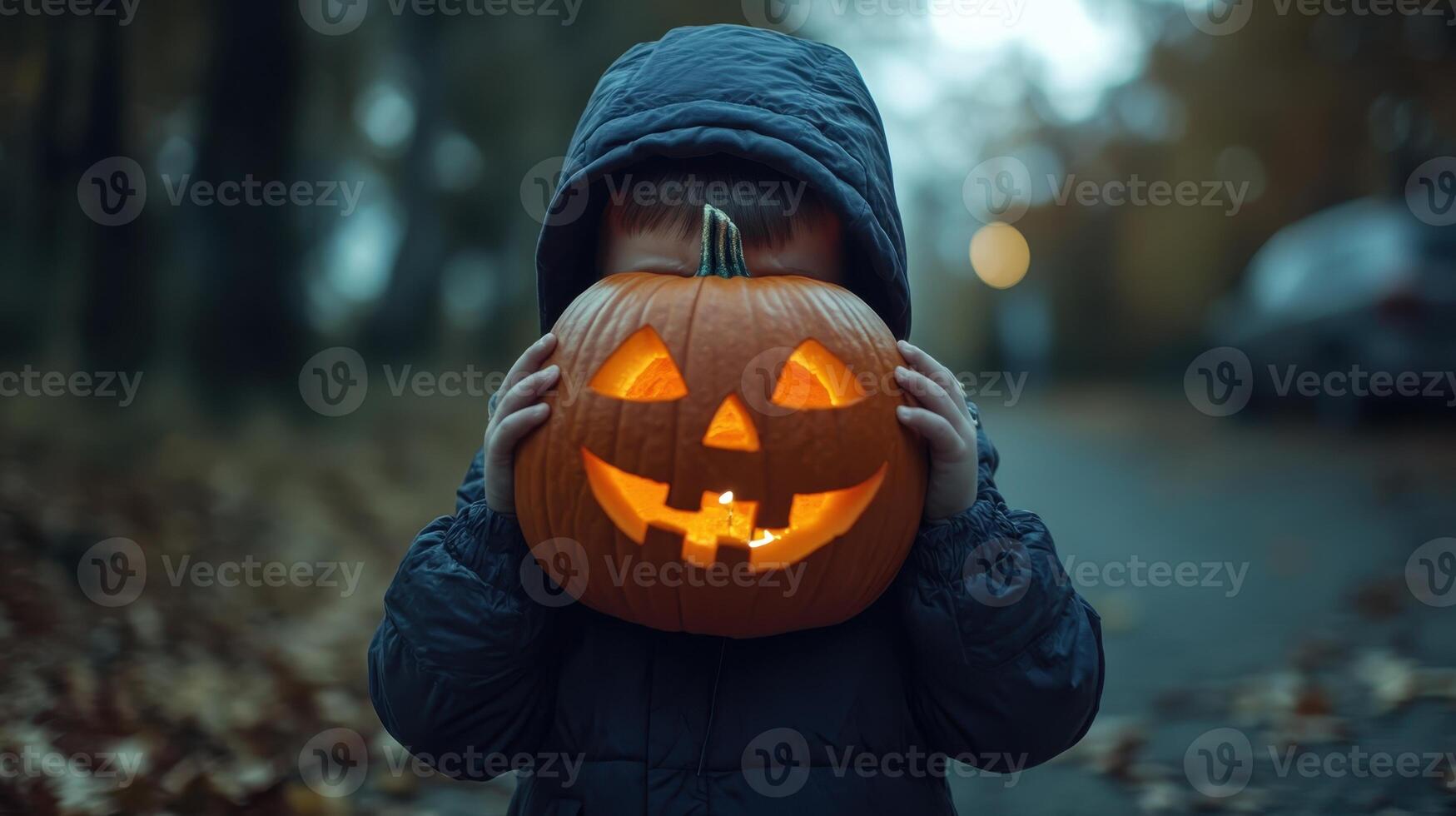 A child wearing a dark jacket holds a carved pumpkin featuring a smiling face on a quiet autumn evening. photo