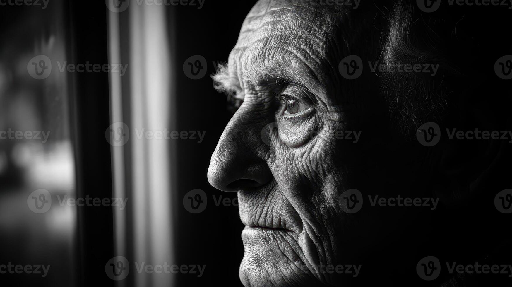 An elderly man's reflective gaze through a window during a quiet afternoon, capturing a moment of contemplation and solitude. photo