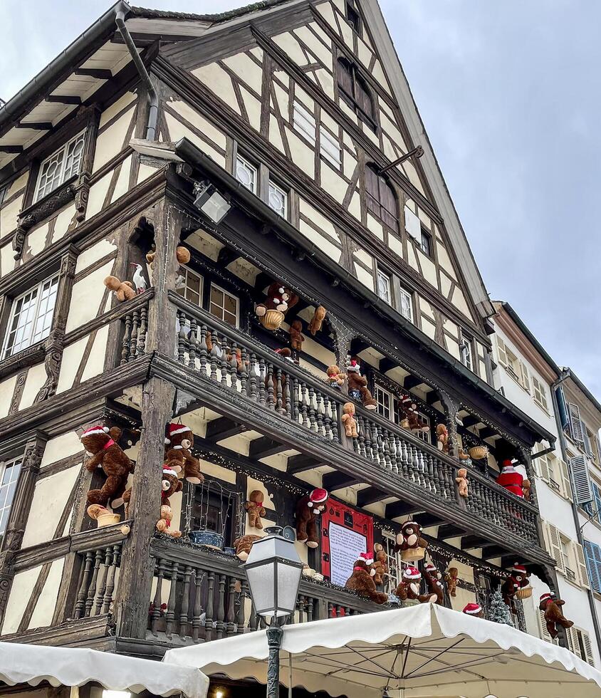 Traditional house with amazing christmas decoration in strasbourg, France photo