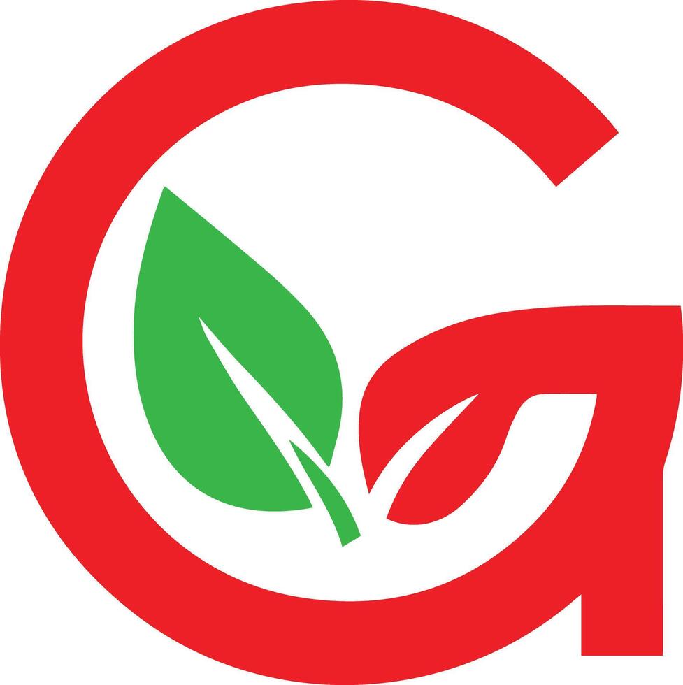 A green and red eco-friendly alphabet logo G, created for flexible use in t-shirt designs and by various companies. The logo should be modern, clean, and easily adaptable vector