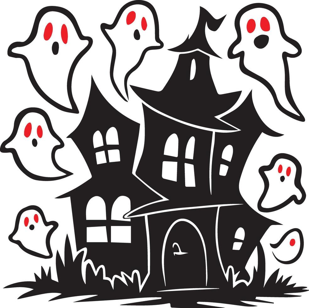 A Halloween ghost and old house icon designed for multiple companies, featuring a creepy, eerie, and haunting style. Perfect for logos, posters, t-shirts, and other graphic projects vector