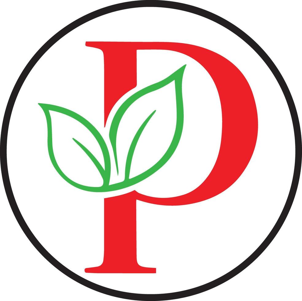 A green and red eco-friendly alphabet logo P, created for flexible use in t-shirt designs and by various companies. The logo should be modern and clean vector